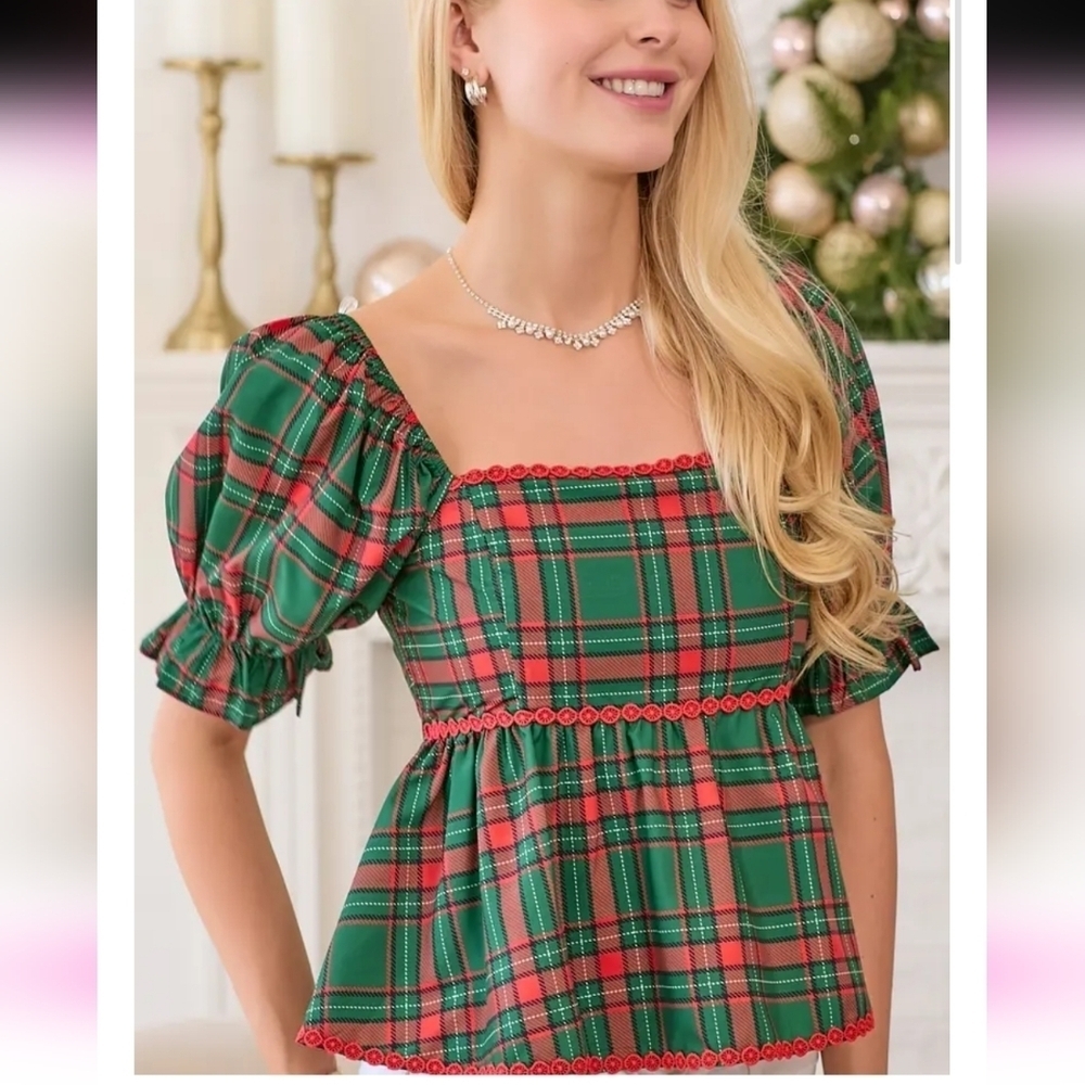 Main Strip Plaid Lace Trim Babydoll Puff Sleeve Top Hunter Green Small
